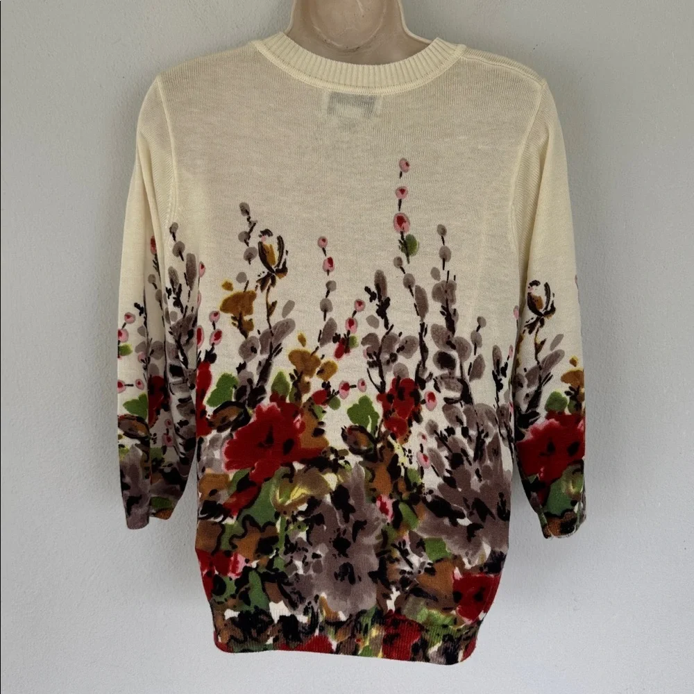 Vintage CD Petites cream red floral print rhinestone stud sweater size medium
